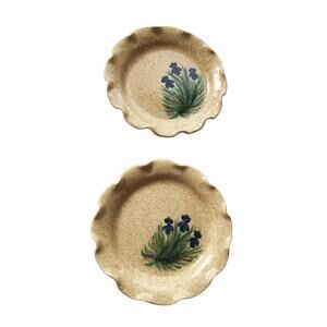 Set Of 2 Handcrafted Ceramic Scalloped Plate Pottery Flower Hand Painted